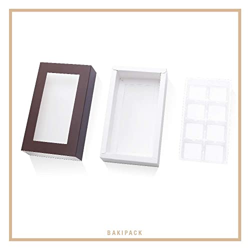 BAKIPACK 20 Truffle Box, Chocolate Box Packaging, Candy Boxes with 8-Piece Plastics Tray (Tray Size with 5.75x2.75 Inches), Pull Out Packing with Clear Window Sleeves, Dark Brown