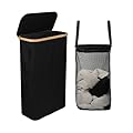 ErraLife Slim Laundry Hamper with Lid, 60L Capacity, Bamboo Handles, and Steel Ring Removable Inner Bag - Collapsible Clothes Basket Laundry Organizer for Bedroom, Bathroom, Dorm, Black