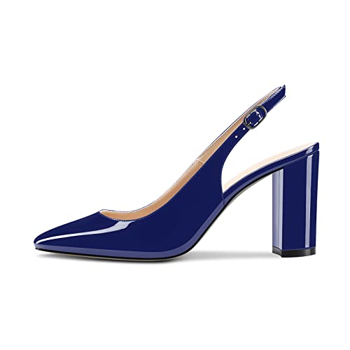 NobleOnly Women High Chunky Block Heel Close Square Toe Slingback Pumps Slip-on Cute Dress Office Shoes 3.3 Inches Heels2