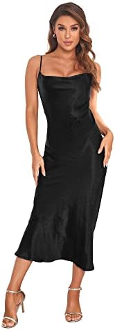 Women's Spaghetti Strap Midi Satin Silk Dresses Slip Cowl Neck Pa...