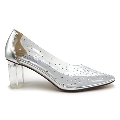 Women's Clear Rhinestone Low Block Heel Pump Shoes2