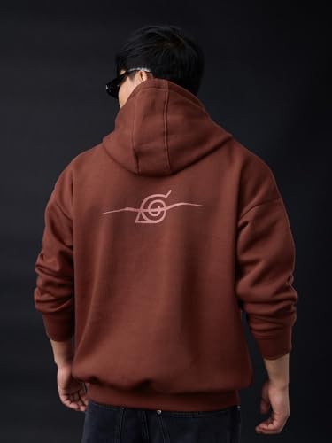 Image of The Souled Store Naruto Shippuden: Itachi's Story Men and Boys Full Sleeves Hooded Neck Brown Graphic Printed Cotton Blend Pullover Oversized Hoodies