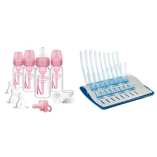 Image of Dr. Brown's Anti-Colic Baby Feeding Set with Slow Flow Nipples, Travel Caps, Silicone Pacifier - Pink & Folding Baby Bottle Drying Rack for Easy Storage, Dry Nipples, Pacifiers and Other Baby