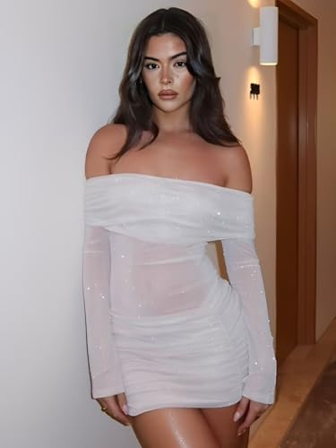 Ekaliy Women’s Sexy Off Shoulder Sparkly Mini Dress Long Sleeve Ruched Bodycon Dress Mesh Sheer Party Club Dresses4