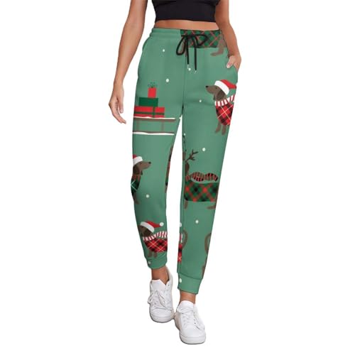 Qjjinxior Jogginghose, Palmblatt- und Monstera-Sweathose, Damenhose mit Kordelzug für Workout, Lounge, Sport, Weihnachtlicher Dackel-Hund, XL