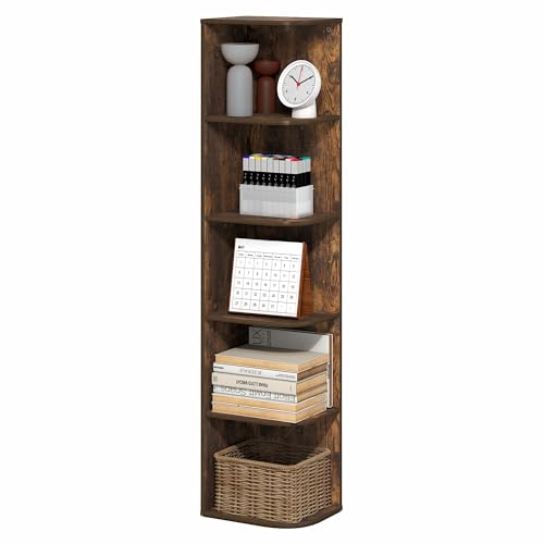 Image of Furinno PASIR Book Shelf, 5-Tier Corner Bookshelf with Open Shelf, Standing Bookcase, 9.3 x 12 x 51.7, for Organization and Storage, for Living Room, Bedroom, Home Office, Amber Pine