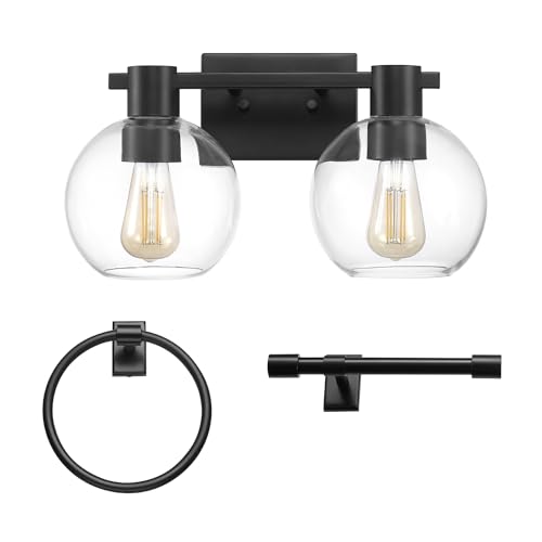 Image of GLOBE Electric 63000057 3-Piece All-in-One Bathroom Set, Matte Black, 15 inch 2-Light Vanity Light, Clear Glass Shades, Toilet Paper Holder, Towel Ring, Bathroom Lights Over Mirror, Powder Room Lighting