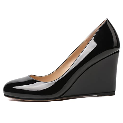 WAYDERNS Women's Slip On Fashion Round Toe Office Patent Wedge High Heel Pumps Shoes 3.3 Inch2
