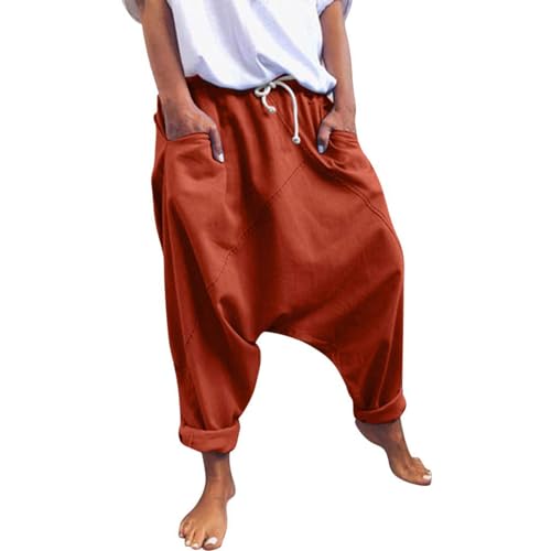 Harem Pants for Women Elastic Waist Aladdin Hippie Pants Loose Drop Crotch Trousers Baggy Boho Yoga Pants with Pockets Orange