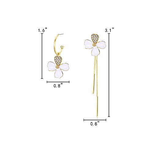 Elequeen Mismatched Earrings Asymmetric Flower Earrings Gold Plated Rhinestone Crystal Enamel Flower Stud Earrings 2 Chain Dangle Earrings For Women Girls #TOP3