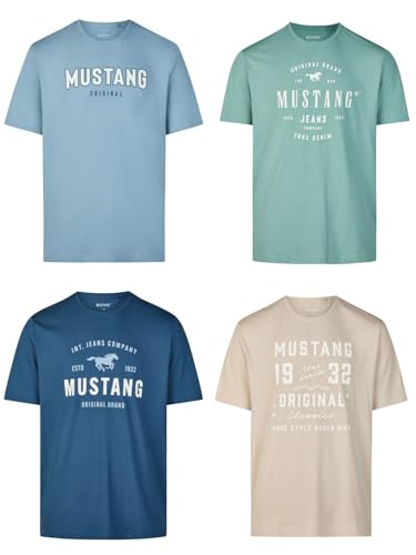MUSTANG Tshirt Herren Baumwolle Regular Fit 4er Pack Set Rundhals Kurzarm Sommer Tee Shirt Logoprint, Größe:M, Farbe:Farbmix (P28) 1