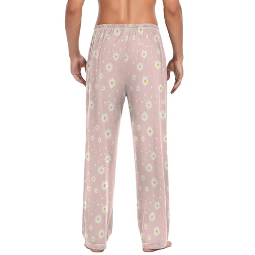 Men’s Pink Daisy Pajama Pants with Pockets, Comfortable Lounge Sleep Bottoms#6282