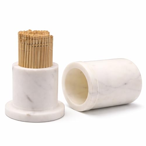 Image of Solid White Marble Toothpick Holder with Lid, 3.25 inch | Natural Stone, Cotton Swab & Floss Pick Holder, Small Countertop Storage Jar, Handcrafted, 330g
