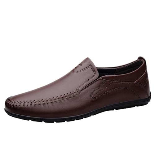 Mens Loafers Round Toe Leather Loafer Shoes Slip Resistant Flat Heel Lightweight Walking Casual Slip-ons