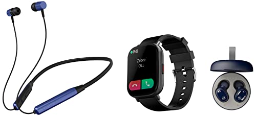 Image of ZEBRONICS ZEB-FIT7220CH Bluetooth Smart Watch,4.4cm (1.75 inch) Full Touch Curved Screen,Metal Body (Black) & Zeb-Sound Bomb 1 TWS Earbuds with BT5.0, Up to 12H Playback (Blue)