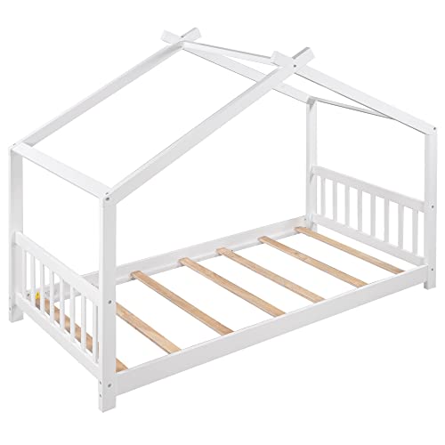 Toddlers House Beds Wood Montessori Bed Frame Twin Size Platform Bed With Headboard & Footboard For Kids Boys Girls Teens, White #TOP3
