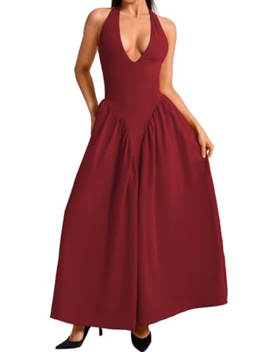 Image of ChiaoLezhee Deep V Neck Dress, Halter Maxi Dresses, Vacation Date Night, Sexy for Women Corset Flowy Wedding Guest Drop Waist
