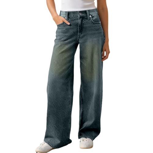 KBOPLEMQ Pantalones vaqueros holgados de cintura alta para mujer, Y2K, pantalones vaqueros de verano para mujer, vaqueros clásicos vintage, elásticos, cómodos, monocolor, informales, elásticos