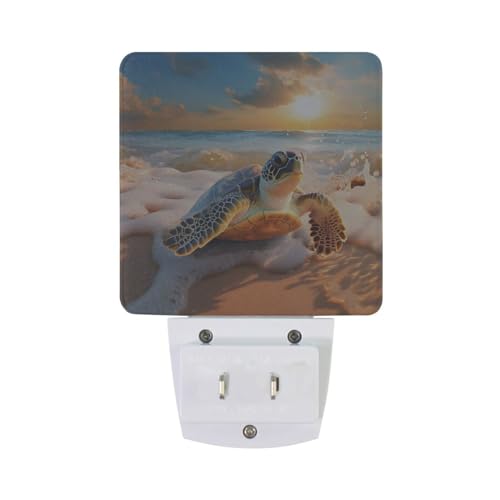 Image of Sea Turtle Sunset Beach Night Lights 2 Pack Plug-in Wall Led Nightlight Auto Dusk-to-Dawn Sensor Lamps for Bedroom Kitchen Bathroom