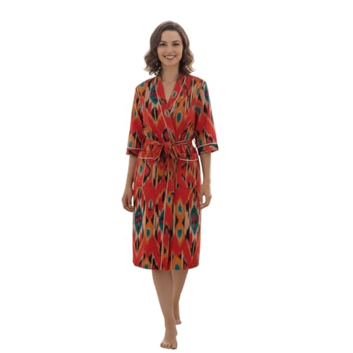 Image of Hand Block Print 100% Cotton Waffle Fabric Multicolor Bathrobe For Women's Ultra-Soft & Lightweight After Bath Spa Bathrobe | Highly Absorbent