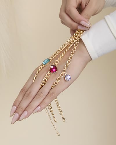 Jessica Simpson Gemstone Charm Chain Bracelet for Women 3-Piece, 7"+2" Chunky Charm Bracelets Gold-Tone with Gems3