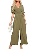 Simplee Women's V Neck Wide Leg Jumpsuits Dressy Casual One Piece High Waist Short Sleeve Formal Jumpsuit Long Romper Emerald Green,M