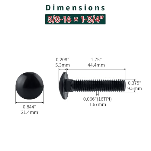 Image of 3 /8-16 x 1-3 /4 inch Black Carriage Bolts with Nuts and Washers Kits (10 Sets), 304 Stainless Steel 18 /8, Black Finish, Round Head, Square Neck, Heavy Duty Bolts, Indoor Outdoor Fastening Bolts, Fayeploo