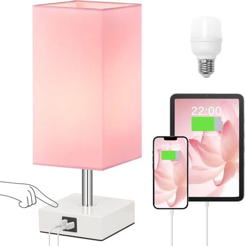 Aooshine Bedside Lamps Touch Control Table Lamp with USB A+C Charging Ports Lamps 3 Way Dimmable for Bedroom Living Room-Pink Fabric Shade (LED Bulb Included)