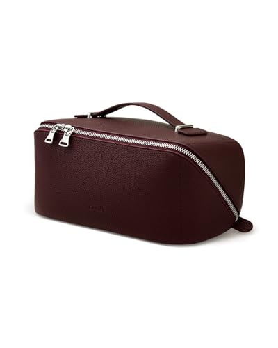 EACHY Travel Makeup Bag, Lychee Leather Large Capacity Cosmetic Bag for Women, Open Flat Toiletry Bag with TPU Brush Compartment, Waterproof Skincare Organizer Travel Essentials