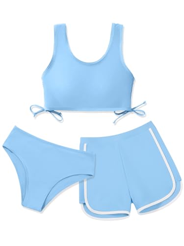 Image of Girl's 3 Piece Bikini Bathing Suit Printed Sport Swimsuits with Shorts Cove Up Sets Teen Girl's Swimwear