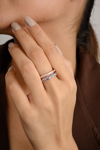 Image of American Diamond Evil Eye Open Ring for Women, Adjustable Blue Double Band Ring, Gift for Her