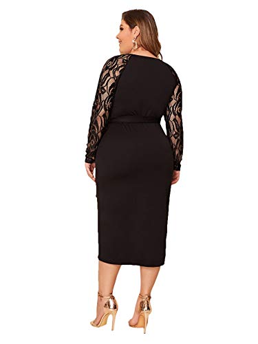 SheIn Women's Plus Elegant Contrast Lace Sleeve Self Belted Wrap Stretchy Bodycon Pencil Dress Black 3X-Large Plus - Image 3