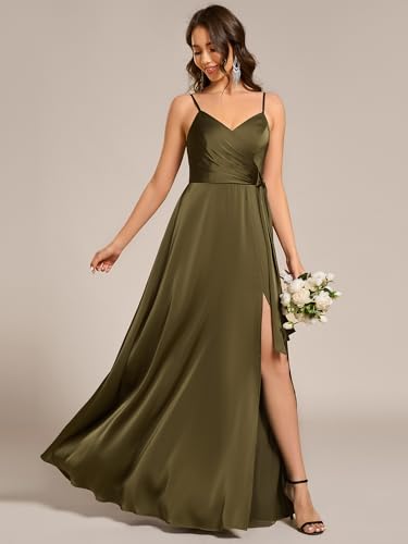 Image of Ever-Pretty Women's Sexy Spaghetti Straps Ruched V Neck Floor Length Satin Formal Dress with Slit 02317