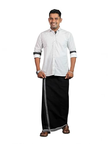 Image of PRAKASAM COTTON Velcro Pocket Dhoti | Thalapathi Border Readymade Cotton Kerala Mundu for Men