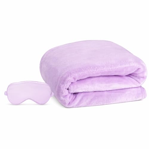 ENZOLVE Travel Blanket, Airplane Blanket, Ultra-Soft, Warm & Lightweight, 65x40 in, Outdoor Blanket Essentials for Women, Men & Kids, Included Eye Mask, Luggage Sleeve & Backpack Clip Purple