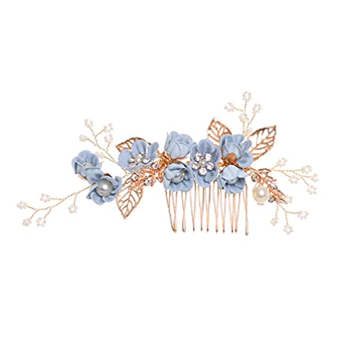 Peineta de boda con pedrería fina y flores de strass azul