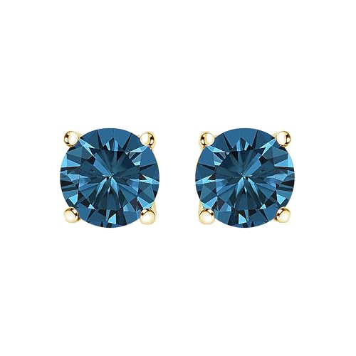 14K Yellow Gold 1/2 Cttw Round Brilliant Cut Lab Grown Blue Diamond 4-Prong Classic Solitaire Stud Earrings (Blue Color, VVS2-VS1 Clarity)