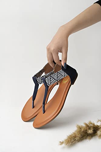 Image of Shoetopia Women's Ethnic Style T-Strap Sandals Chevron Ankle Strap Flats for Casual & Festive Comfortable & Stylish Party
