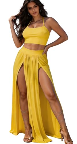 Image of Women Sexy 2 Piece Outfits Dress Chiffon Strap Deep V Neck Bra Crop Top High Split Maxi Dresses Skirt Set