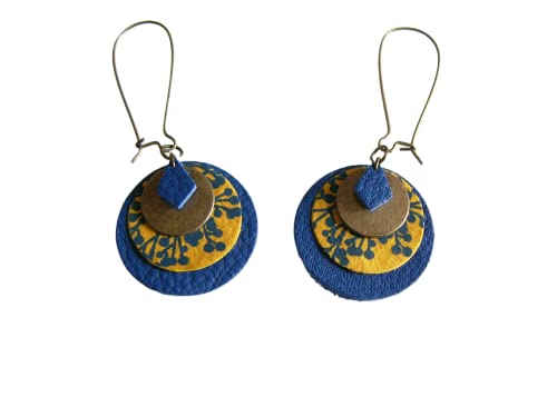 Boucles d'Oreilles Originales Bleu Electrique Marine Roi Royal Jaune Moutarde Curry Bronze Cuir/Papier/Métal Dormeuse clip possible pas cher