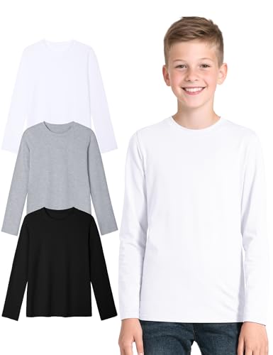 KEREDA Kinder Unterhemd Langarm Jungen Langarmshirt Unisex T-Shirt Baumwolle Top Shirt für Teenager Mädchen 3er-Pack 7-14 Jahre