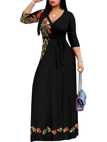 Image of PinkPatty Plus Size Dresses for Curvy Women V Neck Flowy Long Sleeves Wrap Maxi Dress Travel Vacation Outfits