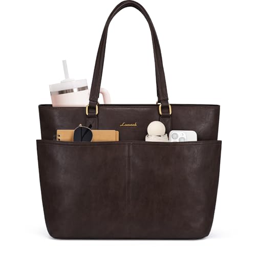 Image of LOVEVOOK Work Tote Bag for Women, Retro Leather 17.3 Inch Laptop Bag with Large Cup Holder, Computer Briefcase Handbag for Teacher, Nurse, and Medical Professionals