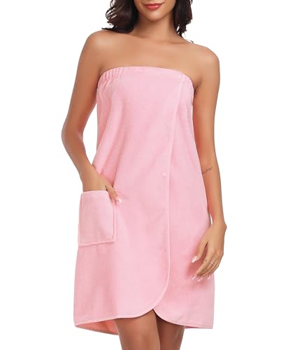 Lovasy Albornoz para Mujer Toalla de Envoltura de Spa Bata de Casa Mujer de Baño con Bolsillos, Botón de Presión y Banda Elástica Ajustable,Rosa,L
