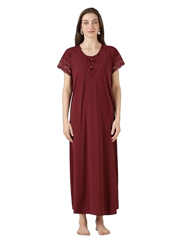 Image of 9shines Label Stylish Soft Modal Maxi Nighty | Honeymoon Nighty | Full Length Trendy Nightgown | V-Neck Lace | Premium Nightdress | Soft Long Nightdress | Maxi Gown Nightwear for Women (Malai Satin)