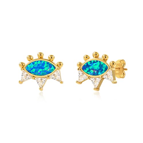 Cicy Bell Womens 18k Gold Plated Brass Stud Earrings Evil Eye Crown Trendy Cubic Zirconia Opal Dainty Flat Back Earrings Jewelry Gifts for Friends