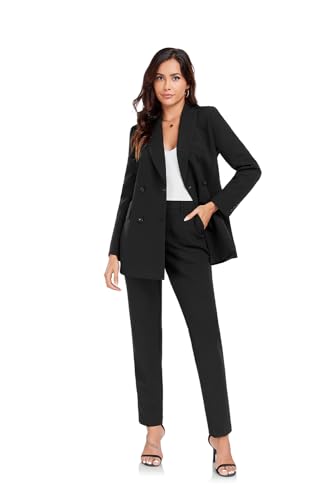 Women's 2 Pieces Pant Suits, Double Breasted Blazer Set, Casual Loose Long Blazer Jackets and Long Pant Suits with Pockets