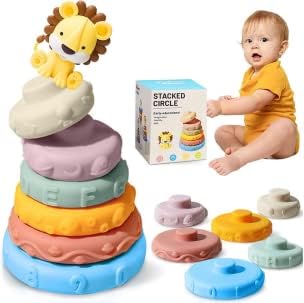 JoyPlus Jeux Montessori Bebe Eveil 6 Mois, 7 Pi?�ces Jouets Empilables avec Anneaux, Tour Souple 