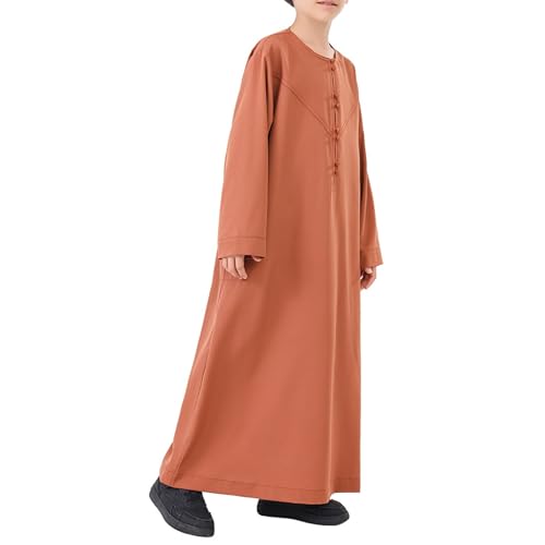 Arabic Thobe for Kids Boys Solid Long Sleeve Muslim Kaftan Robe Boys Crew Neck Button Islamic Thobe Prayer Clothes4