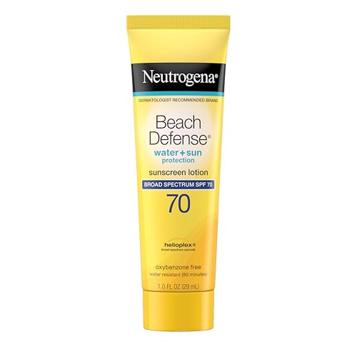 Image of Neutrogena Sunscreen Lotion Beach Defense SPF 70, Face and Body Sunscreen, Hawaii Reef Act 104 Compliant, Octinoxate & Oxybenzone Free, Fast Absorbing Sun Care, Travel Size, 1 oz, 48 Pack